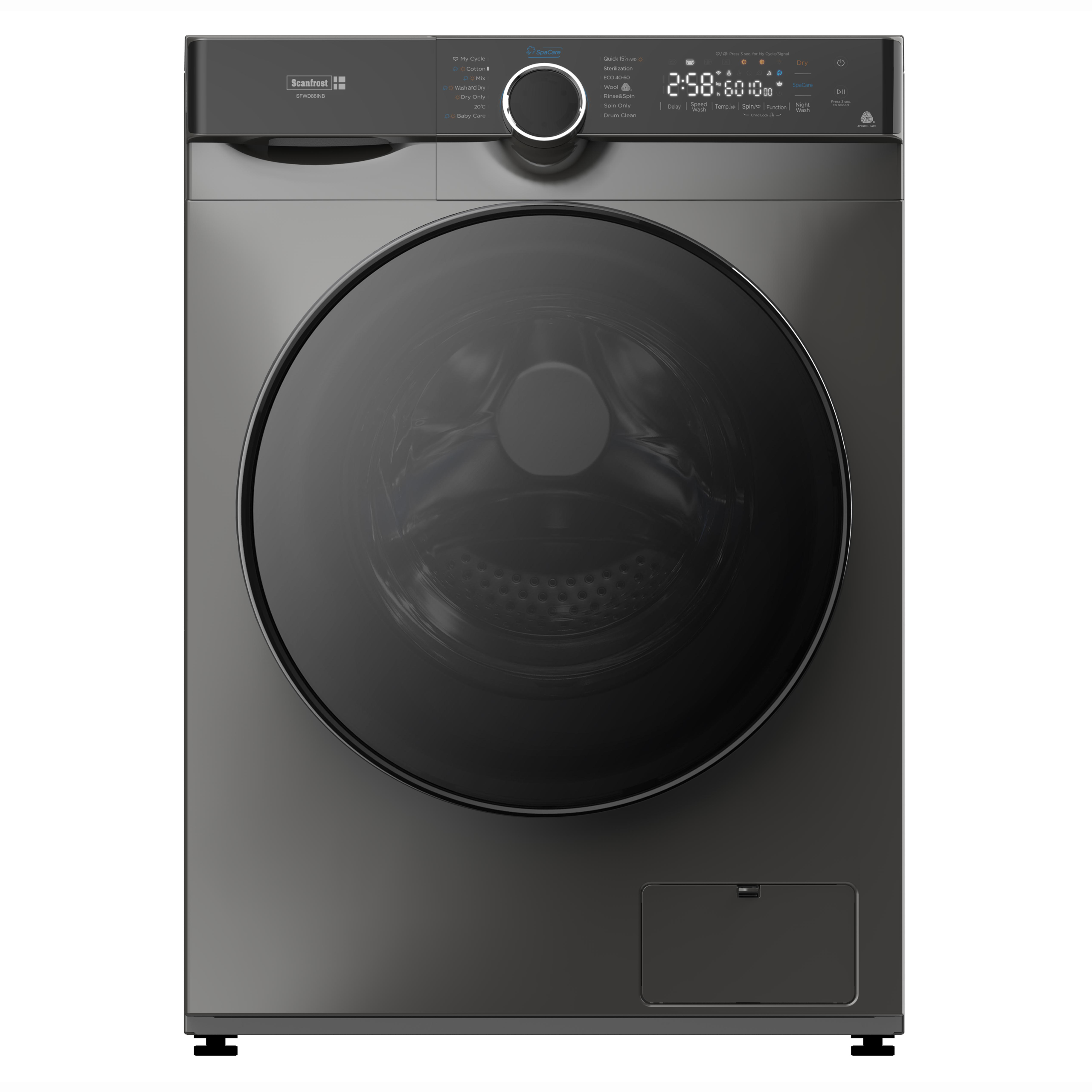 SFWD86INBA SFWD 86INB SCANFROST WASHER DRYER COMBO 8KG/6KG DARK SILVER COLOR BLACK BODY WITH INVERTER MOTOR - Image 1